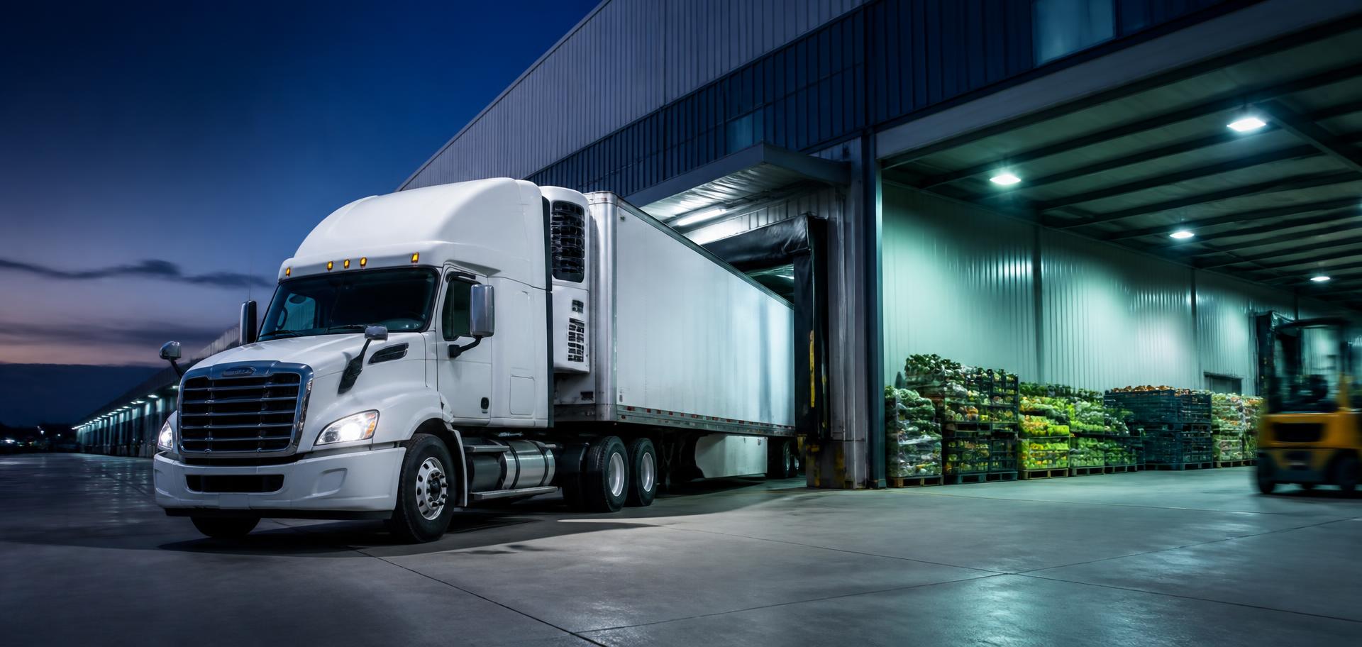 Refrigerated tractor-trailer backed into a distribution center loading dock at dusk, with pallets staged inside and a forklift moving freight